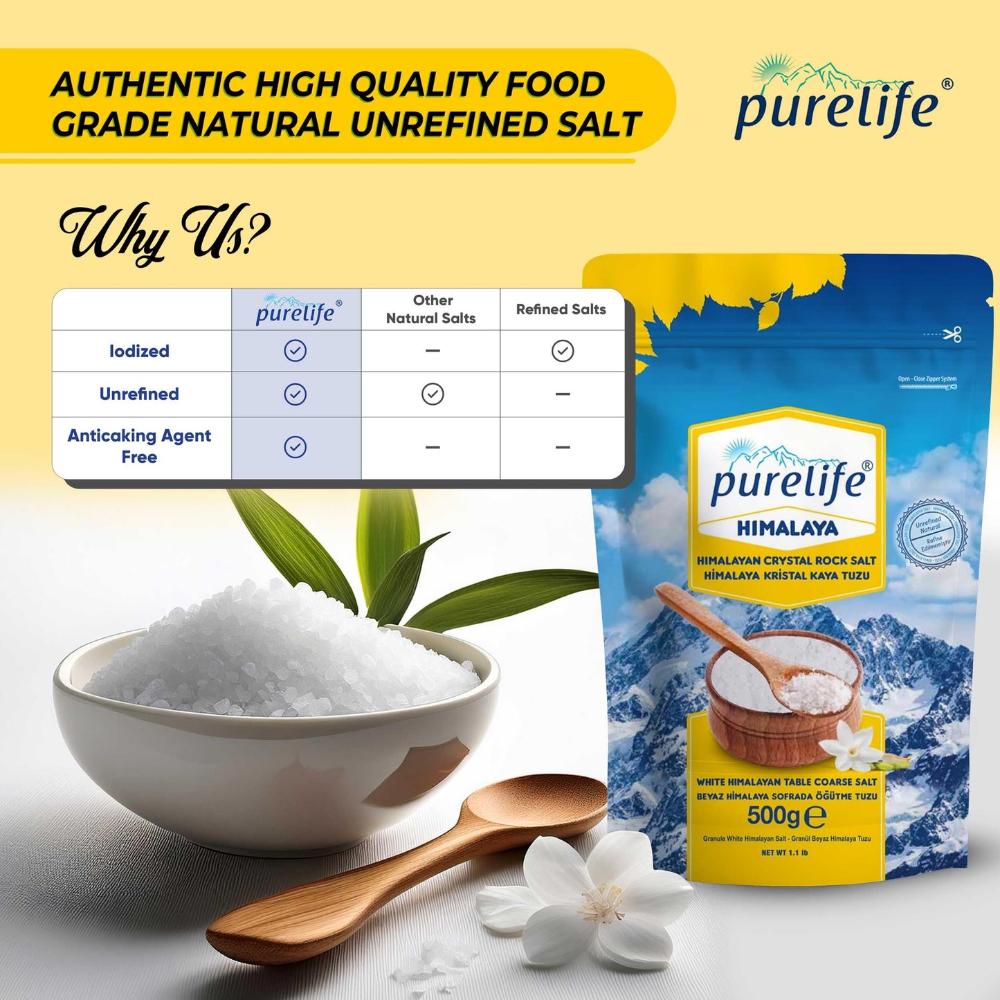 Purelife Himalayan Salt White Coarse Kosher Unrefined - Extra Fine Grain Gourmet Natural Crystal Rock Salt with Minerals for Sal