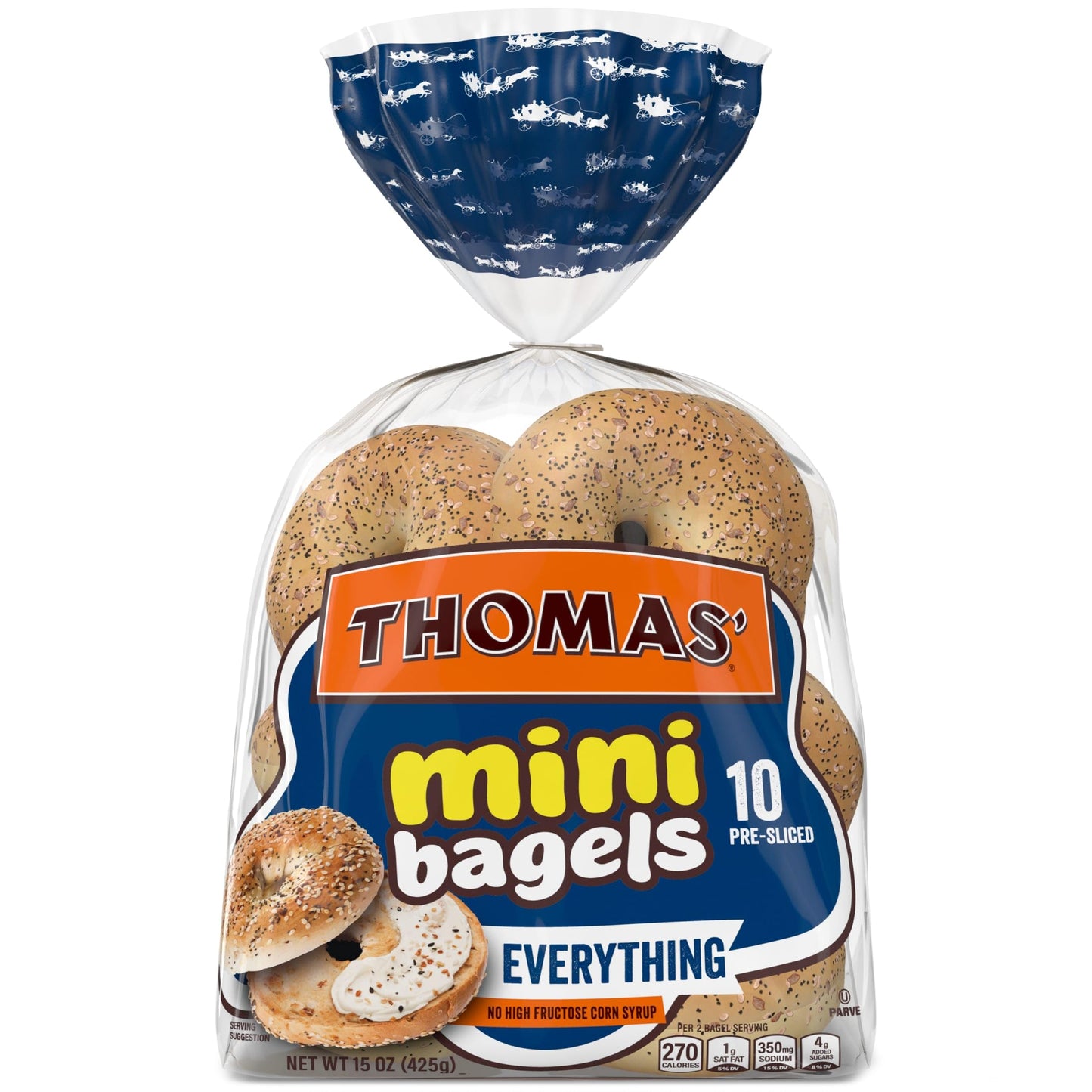 Thomas Everything Bagels, 10 count, (1.5 oz each), Kosher Mini Bagels, 15 oz Bag