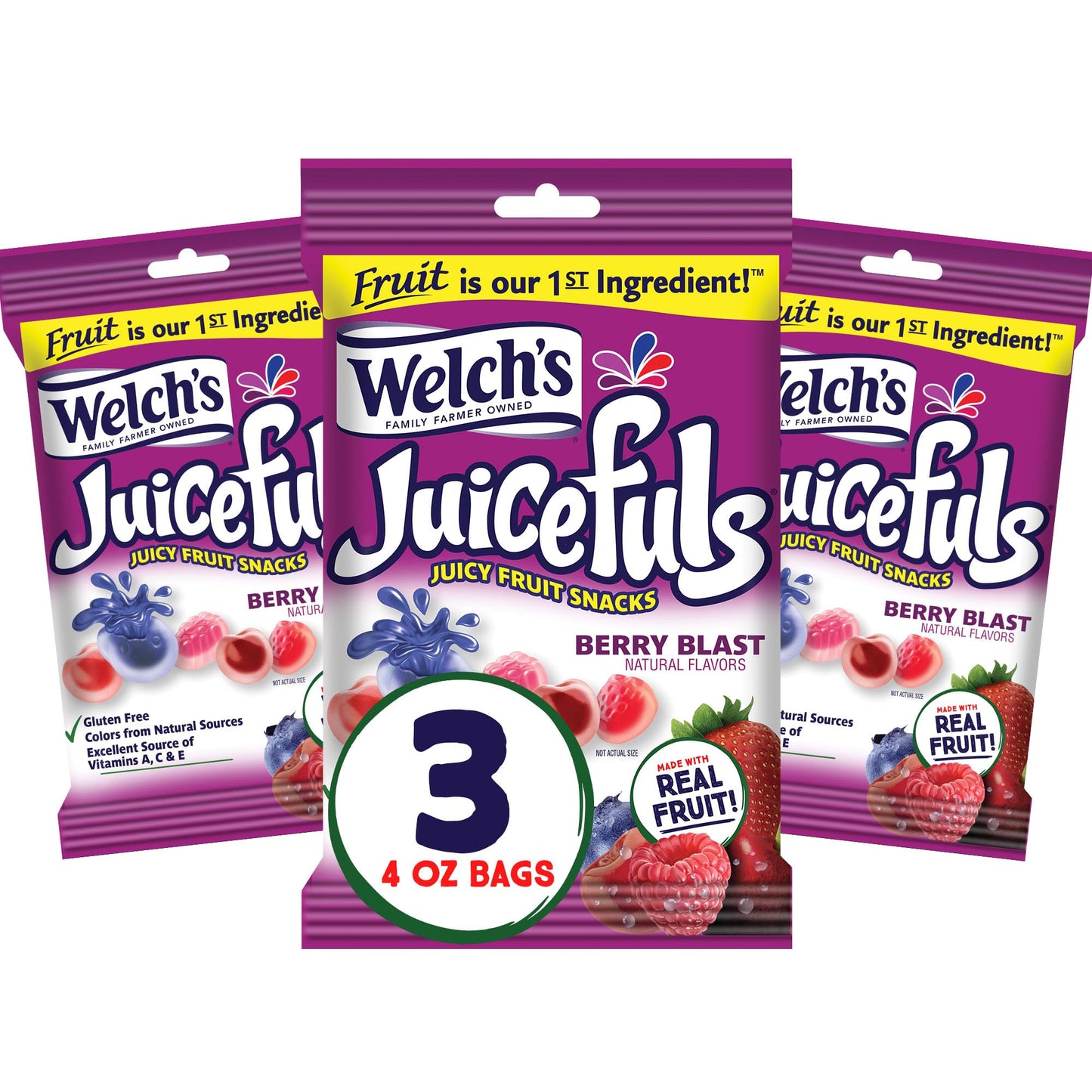 Welchs Juicefuls Juicy Fruit Snacks, Berry Blast, Fruit Gushers, Gluten Free, 4 oz Sharing Size Bags (Pack of 3)