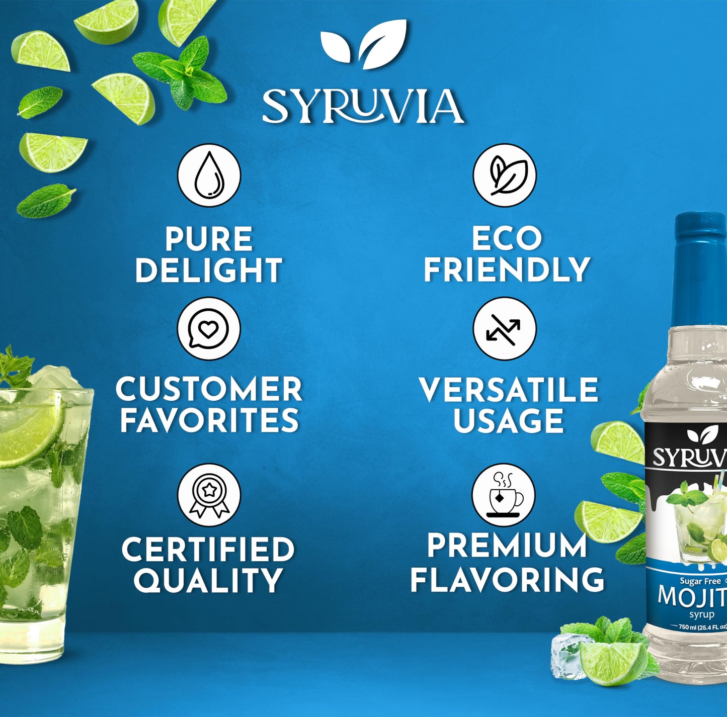 Syruvia Sugar-Free Mojito Syrup - 0 Calorie - Premium Flavoring Syrup For Tea, Italian Sodas, Beverages, Desserts, Ice Cream, Co