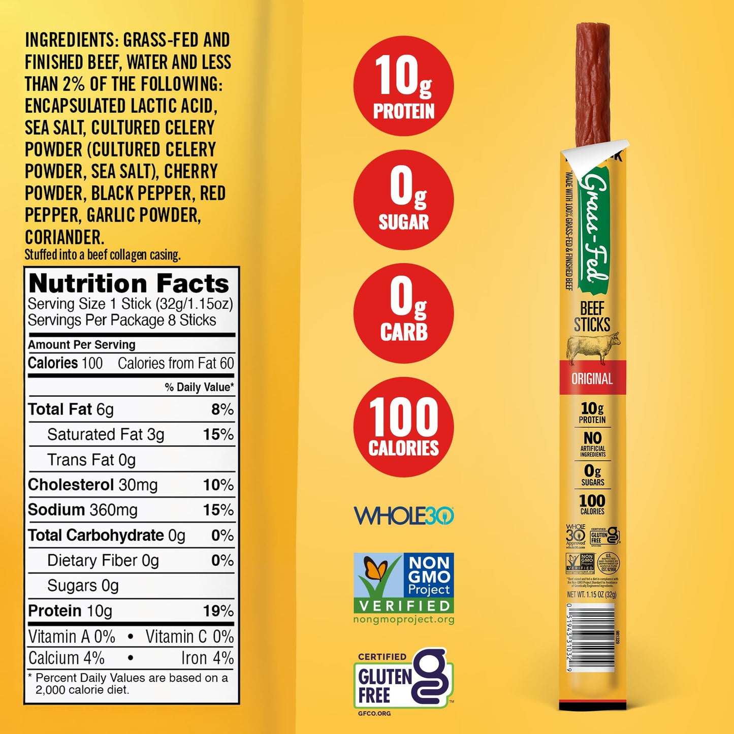 Tillamook Country Smoker 100% Grass Fed Beef Sticks Zero Sugar Original 1.15 Ounce (Pack of 8) Whole 30 Approved Non GMO Clean Meat Snacks High Protein Gluten Free Individually Wrapped