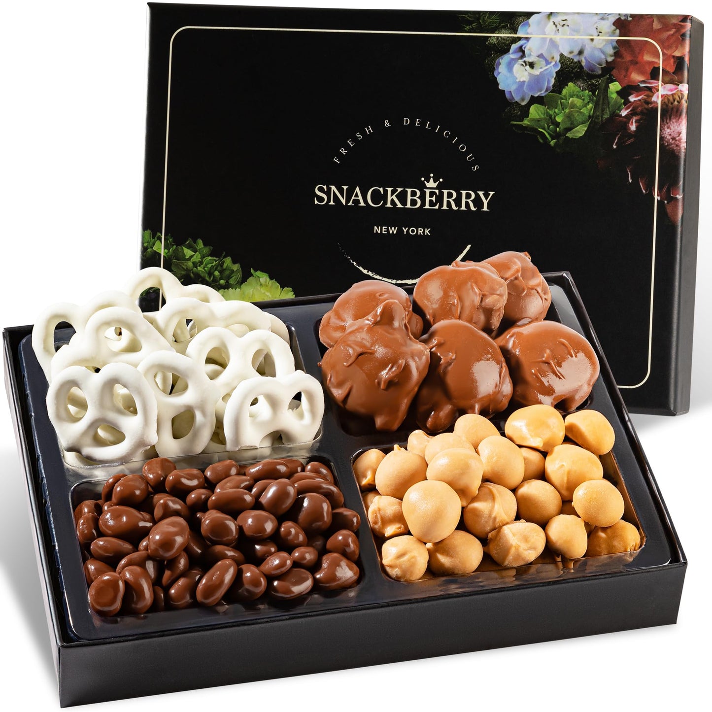 Top-Grade Chocolate Gift Box Assorted Treats With Chocolate-Covered Pecan Maple Nuts Yogurt Pretzels & Raisins - Perfect Holiday Birthday & Corporate Gift Box