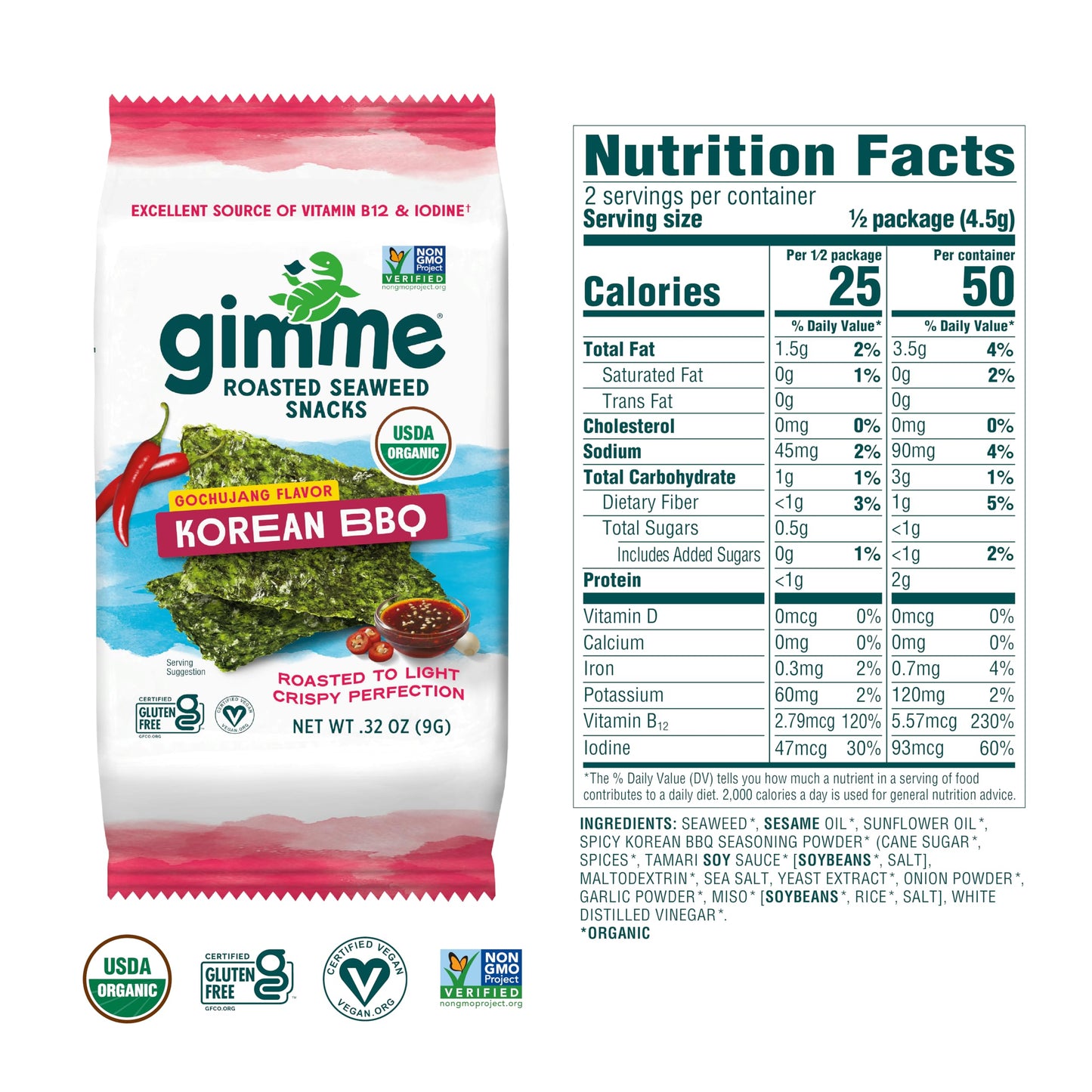 Gimme Seaweed - Korean BBQ - 6 Count - Organic Roasted Seaweed Sheets - Keto, Vegan, Gluten Free - Great Source of Iodine & Omeg