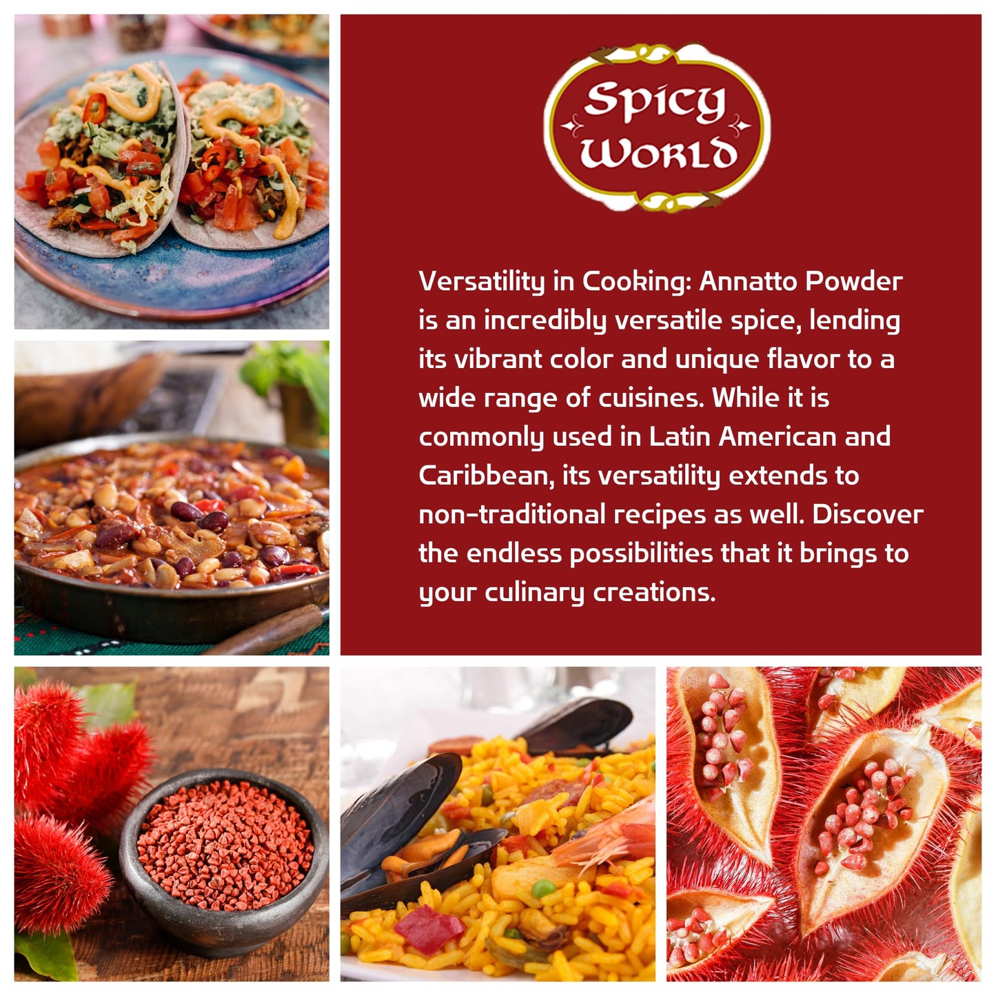 Spicy World Annatto Powder 7 Oz Bag - Premium Ground Annatto Seed And Achiote Powder For Vibrant Dishes - Latin American Flavors