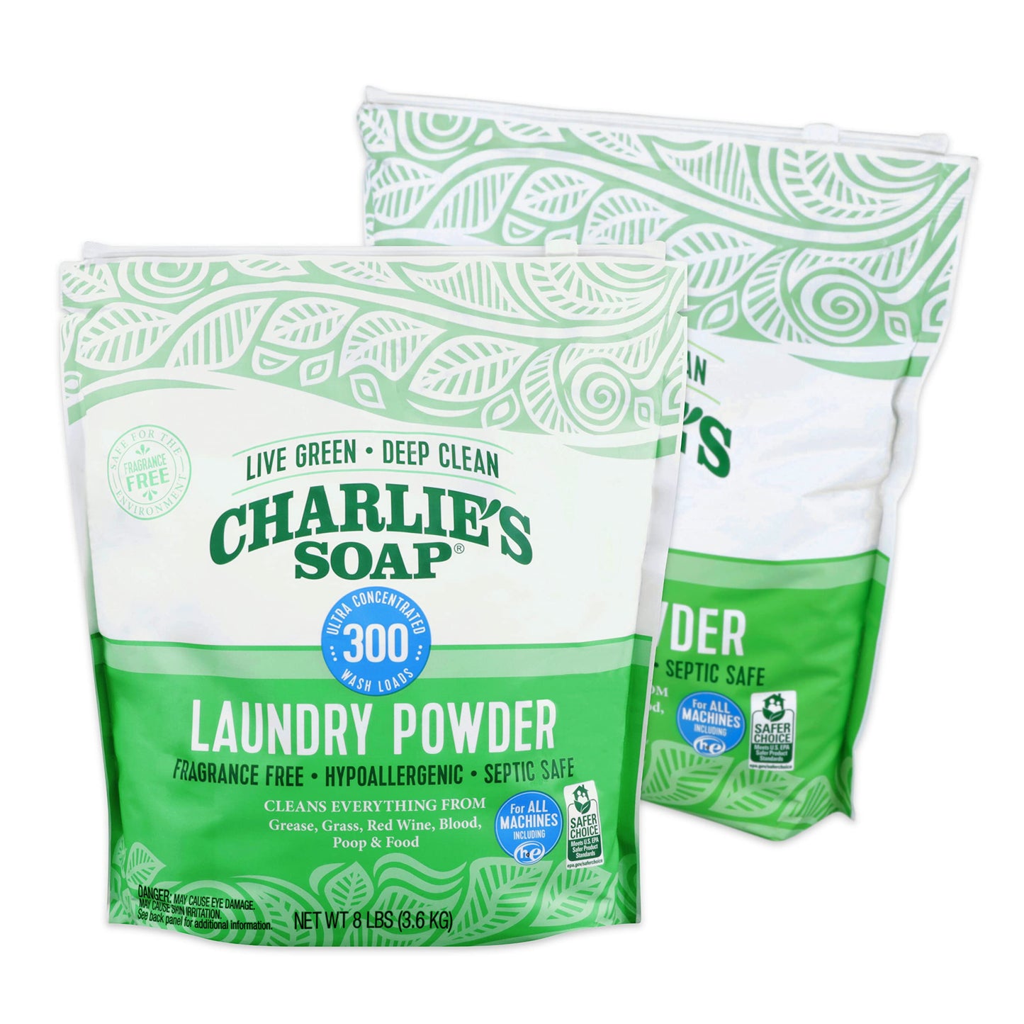 Charlies Soap Hypoallergenic Laundry Powder 8Lb Bag, Pack Of 2, 600 Loads Total, Deep Cleaning Washing Powder Detergent - Eco-Fr