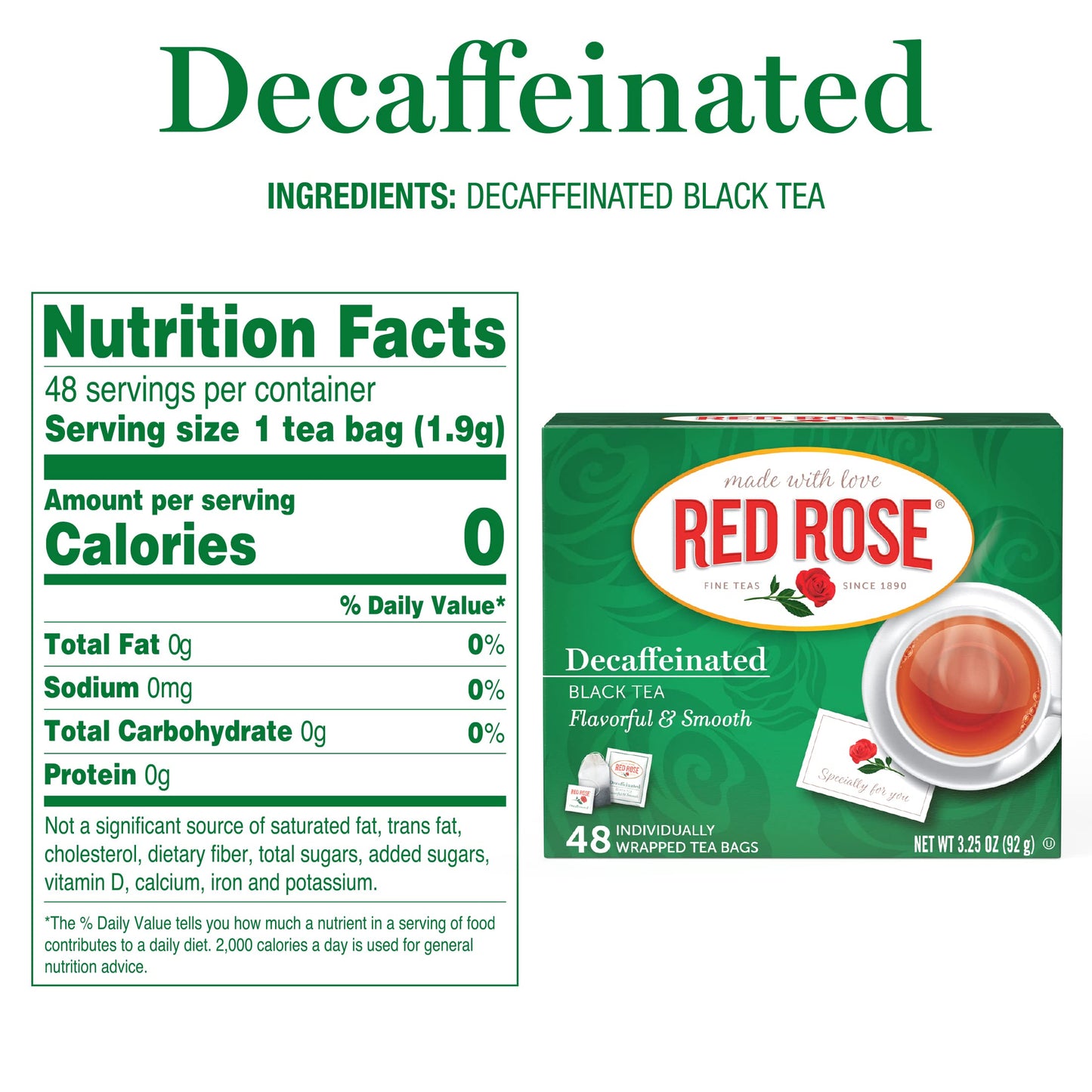 Red Rose Naturally Decaffeinated Black Tea Specially Blended Strong Black Tea With 48 Individually Wrapped Tea Bags Per Box (Pack Of 6) Brew Hot/Cold Decaf Black Tea Full-Bodied Flavorful Black Tea