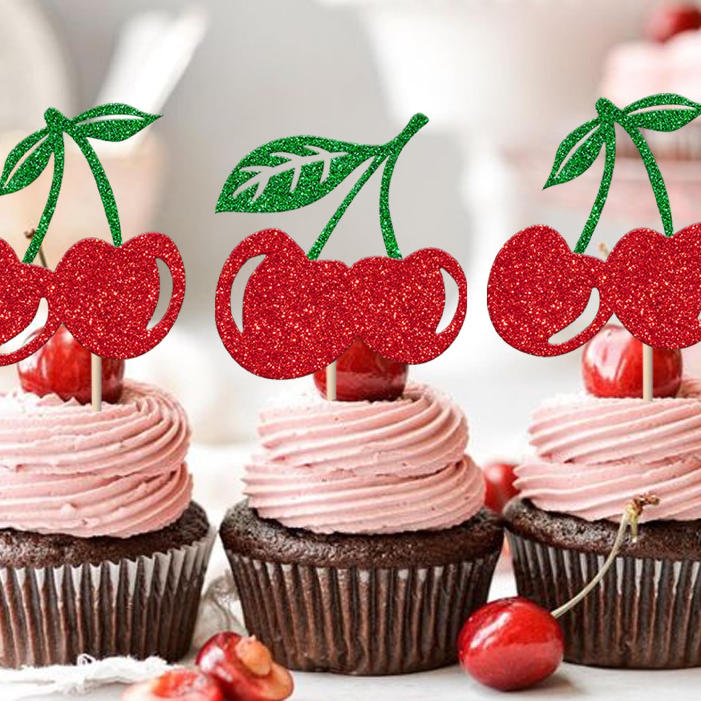 YCTHUNFISH 24 Pack Cherry Cupcake Toppers, Red Glitter Paper Picks for Baby Shower, Bridal Shower, Birthday Party Decorations