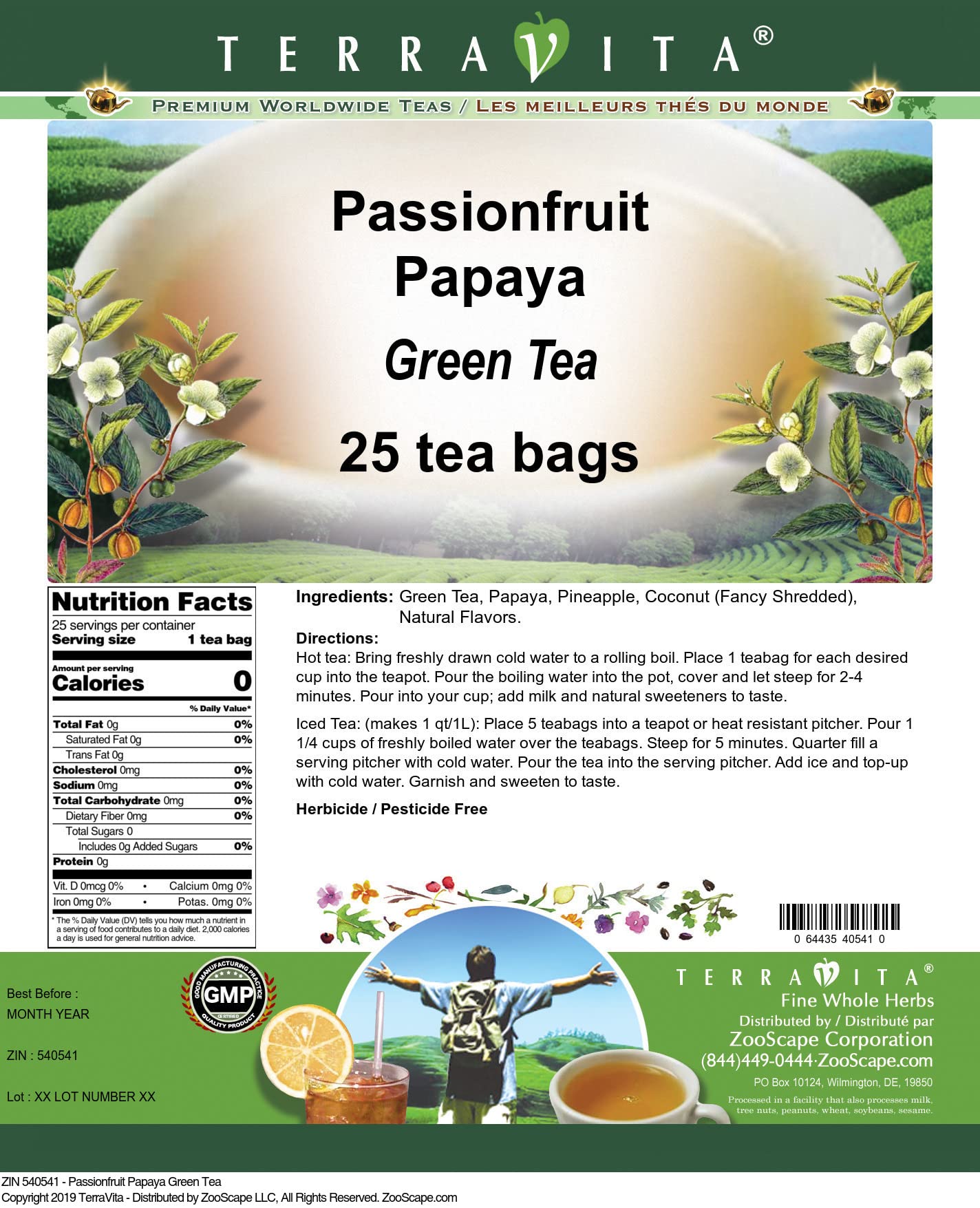 Terravita Passionfruit Papaya Green Tea - 25 Count Tea Bags, Refreshing Herbal Blend for Energy and Wellness
