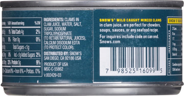 Snow'S Wild Caught Minced Clams Canned, 6.5 Oz Can (Pack Of 12) - 5G Protein Per Serving - Gluten Free, Keto Friendly, 99% Fat F
