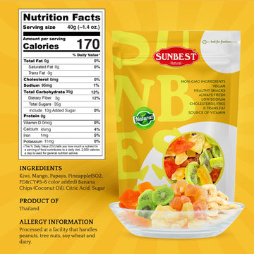 Sunbest Natural Tropical Dried Fruit Mix 48 Oz (3 Lbs) 1 Pack - Dried Mangoes, Pineapples, Papaya, Banana, Kiwi Exotic Medley - Non-Gmo, Vegan, Keto, Paleo Mix - Perfect For Cooking, Baking & Snacking