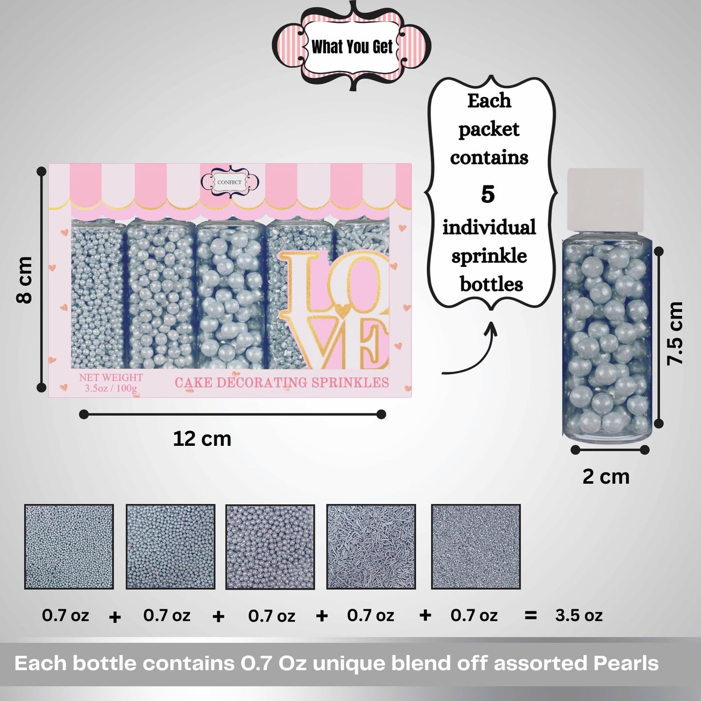 Confect Silver Pearl Sprinkles for Cakes & Cupcakes, Assorted 5 Pack, 3.5 Oz, Metallic Shine Silver