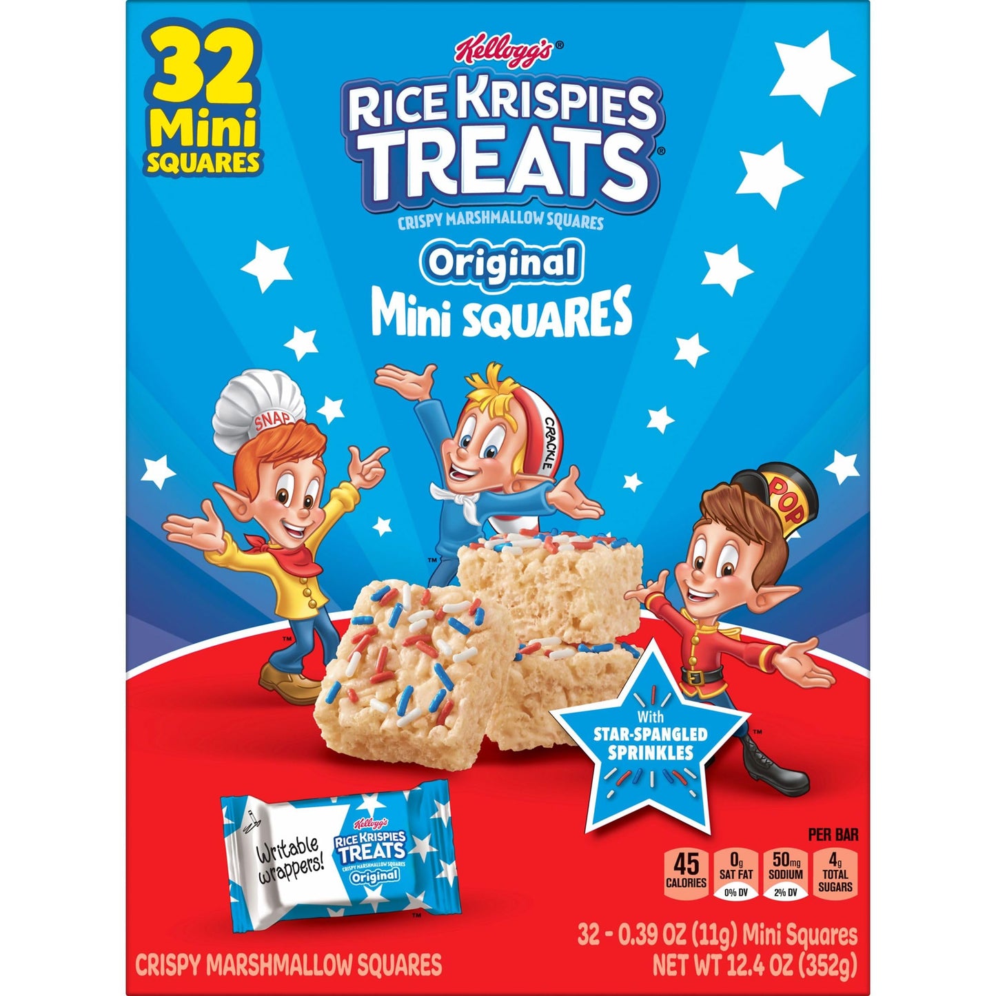 Rice Krispies Treats Mini Crispy Marshmallow Squares, 4th of July Snacks, Original with Star-Spangled Sprinkles, 12.4oz Box (32