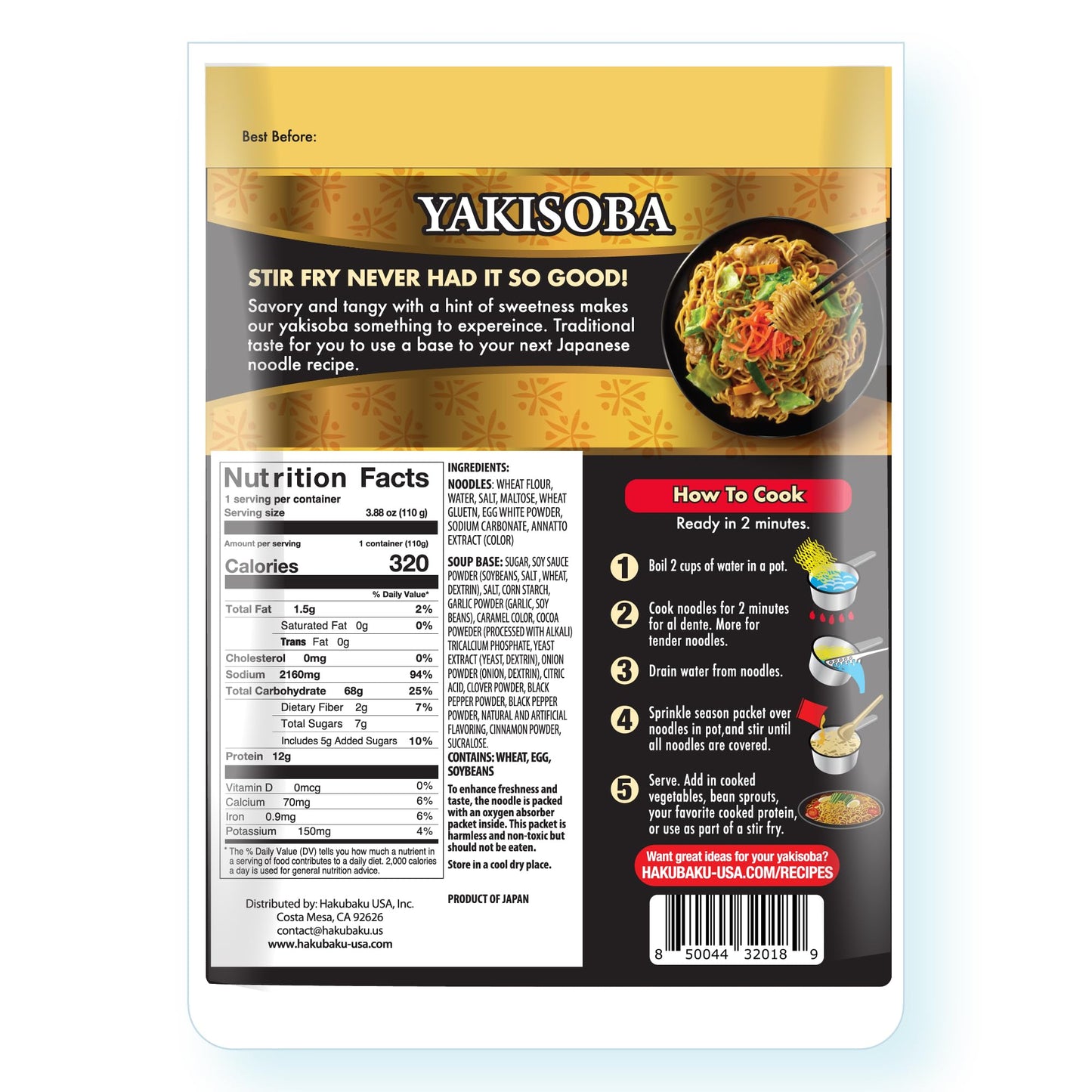 Hakubaku Yakisoba Japanese Stir Fry Noodles - Original Flavor, 6 Pack, Medium Size