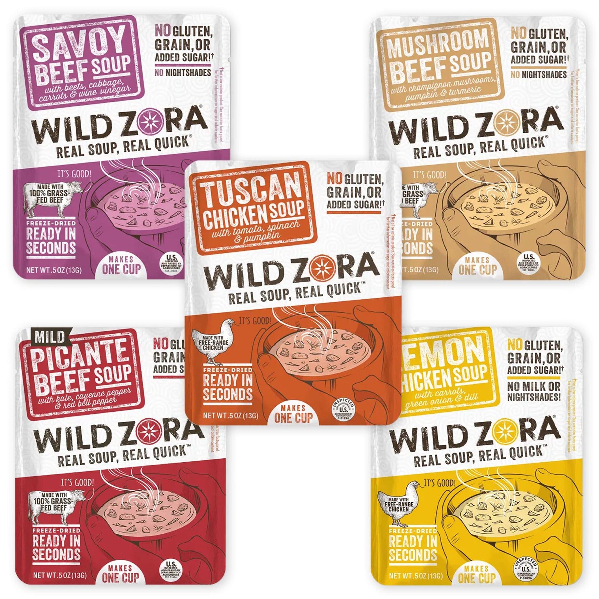 Wild Zora Instant Keto-Friendly Soups 5-Pack Variety, Broth Made With Grass-Fed Beef, Free-Range Chicken, And Vegetables, Gluten