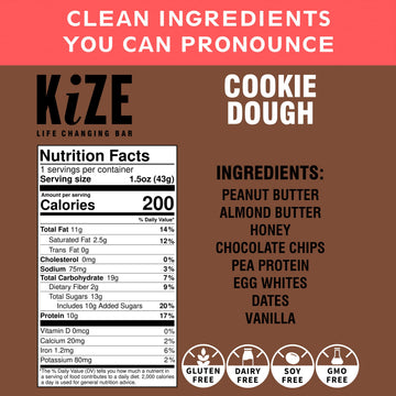 KiZE Energy Bars - Cookie Dough - Gluten Free, Dairy Free, Non-GMO, and High Protein Meal Replacement Energy Bars, Clean and Sim