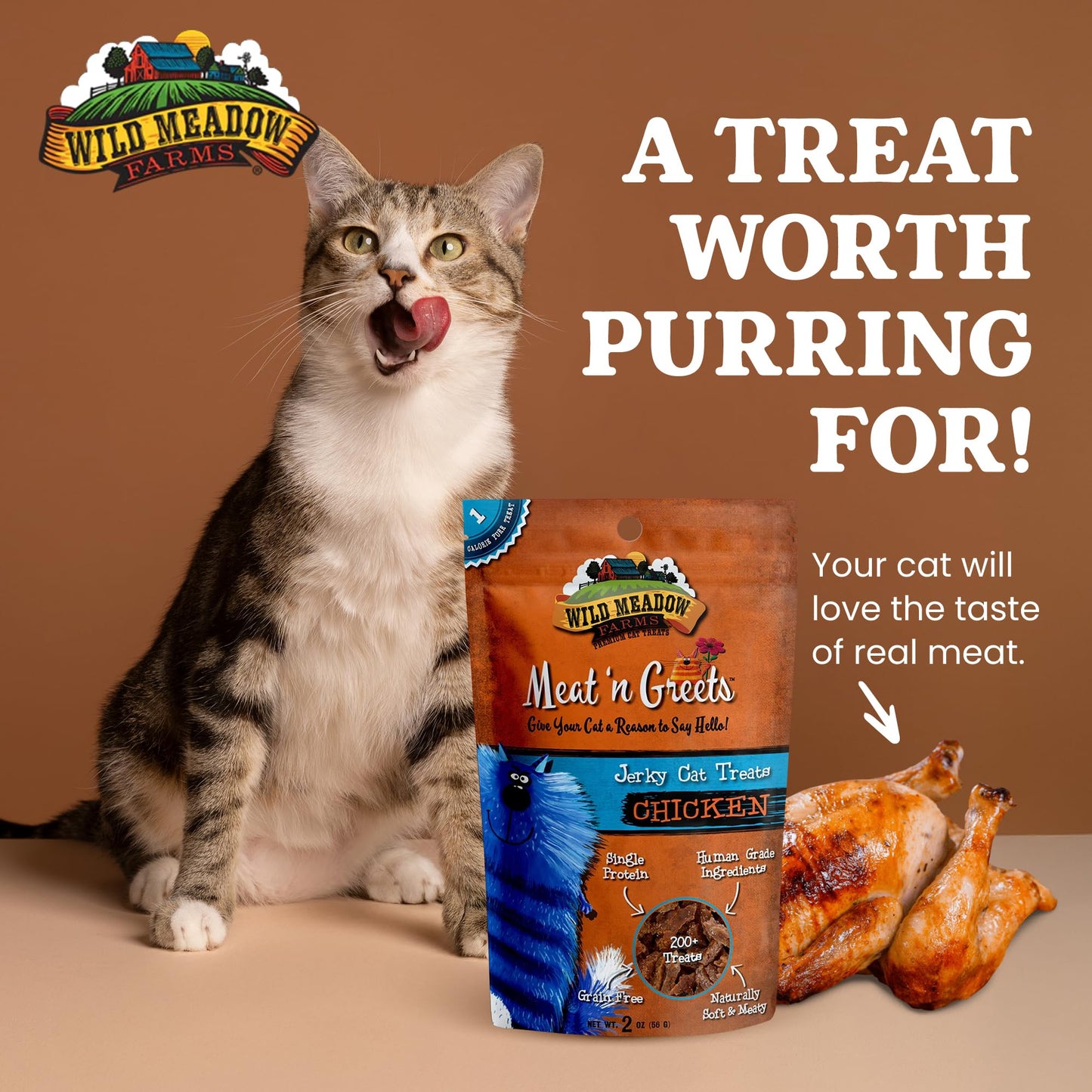 Wild Meadow Farms Cat - Meat N Greets Soft Jerky with Real Chicken, High Protein, Grain-Free, 2 oz