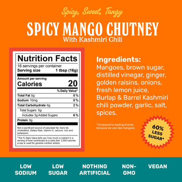 Brooklyn Delhi Spicy Mango Chutney - 9 Ounces - Made with Ripe Mangos, Golden Raisins, Fresh Ginger, Garam Masala, and Lemon Jui