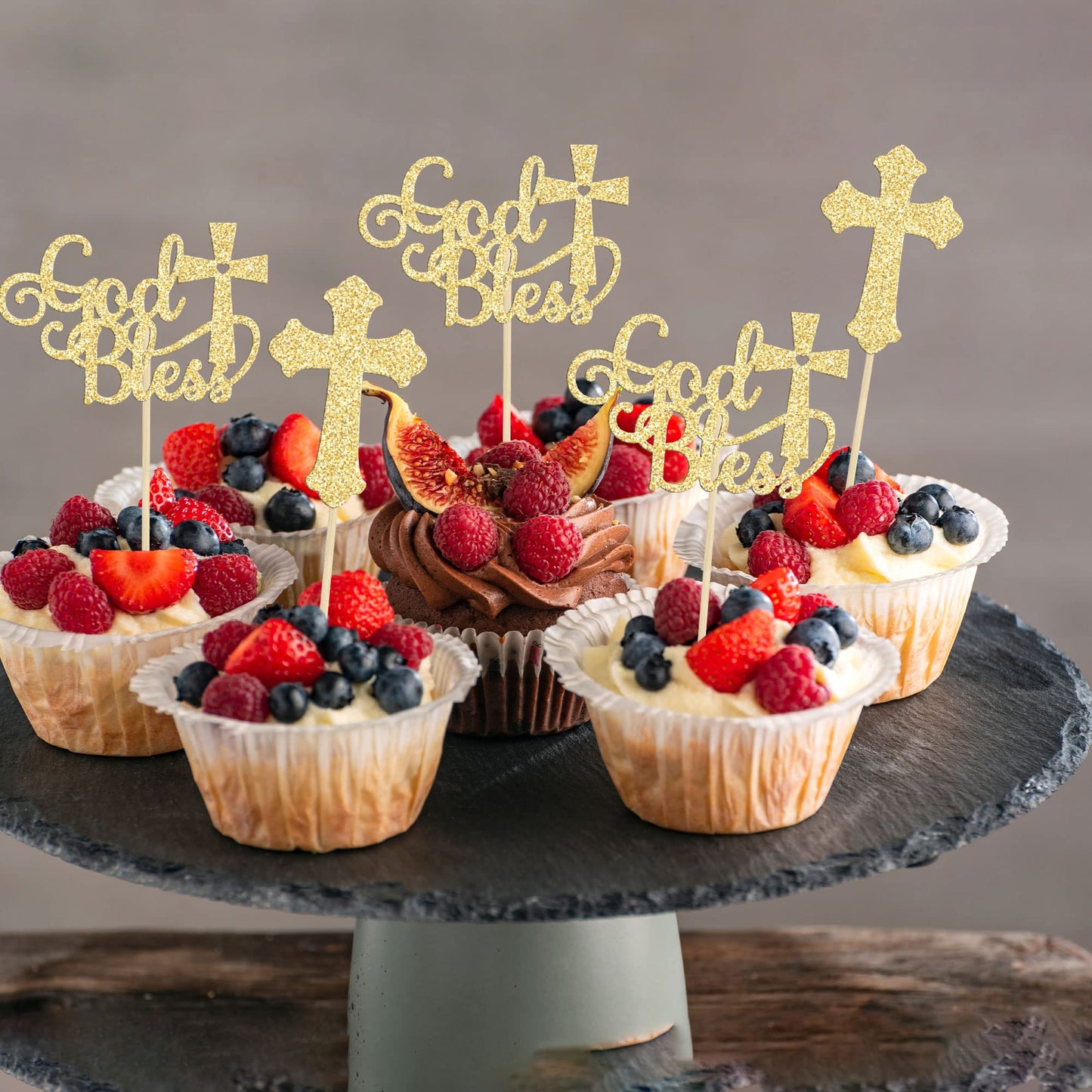 Gyufise Cupcake Toppers, 24Pcs Glitter Cross, Baptism Party Decorations, Gold, Model ZN0096-1-G