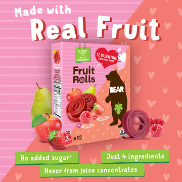 Bear Valentines Day Strawberry & Raspberry Fruit Rolls Variety Pack, 12 Pack (2 Rolls Per Pack) - Gluten Free, Vegan, and Non-GM