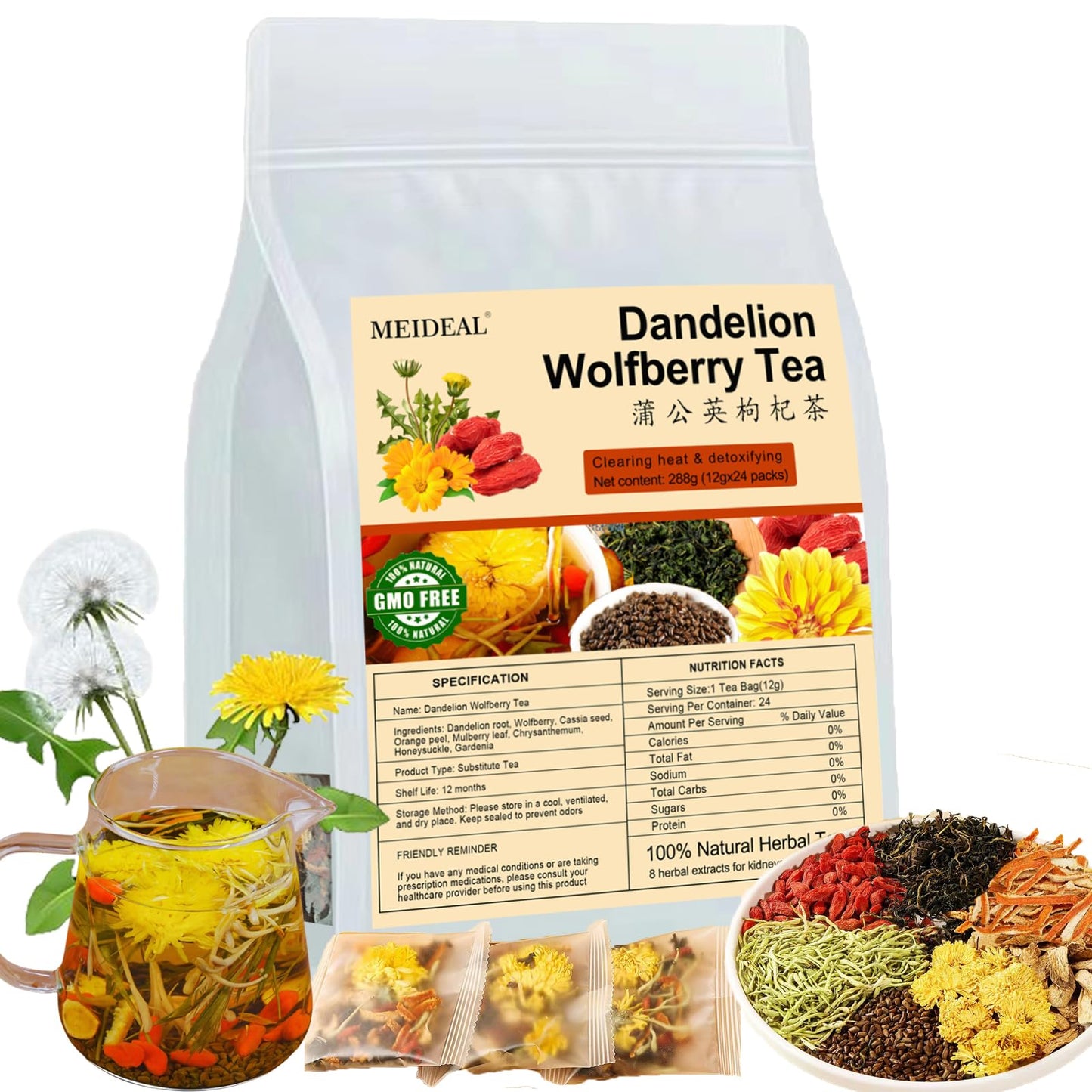 Dandelion Wolfberry Tea 24 Pcs Organic Dandelion Tea For Kidneys & Liver Health Eight Natural Chinese Herbal Ingredients Blend With Chrysanthemum Wolfberry Cassia Seed (288G (12Gx24 Packs)