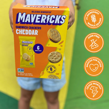 Mavericks Sandwich Crackers Cheddar - Cheese Filled Whole Grain Sandwich Cracker Snack Packs, Non-GMO - 6 Boxes (36 Snack Packs)