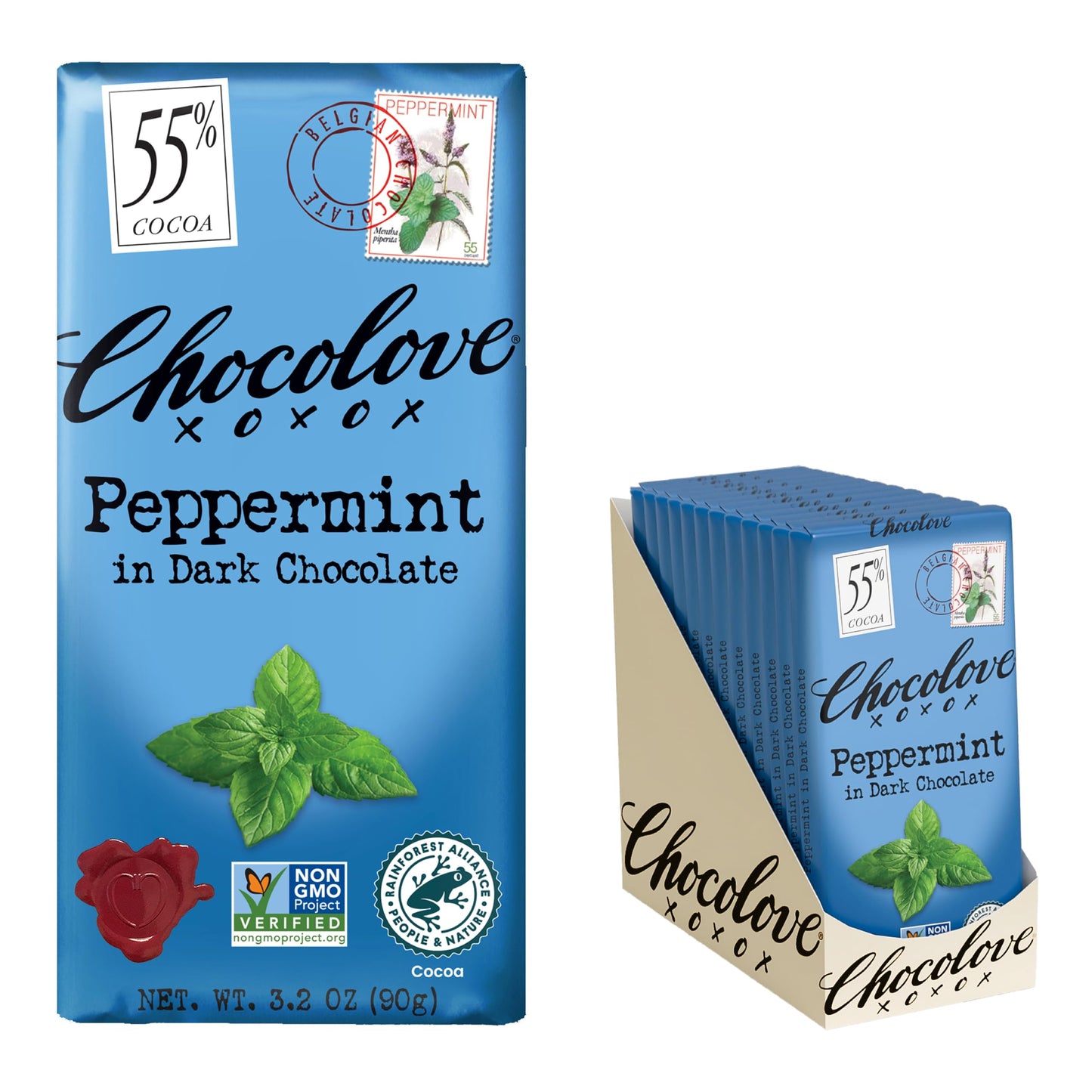 Chocolove Peppermint Dark Chocolate Bars | 55% Cocoa | Crafted In Semi-Sweet Belgian Chocolate | Non Gmo Rainforest Alliance Certified 3.2Oz Bar (12 Pack)