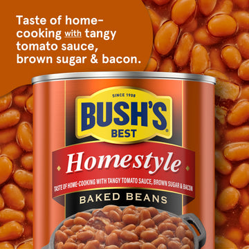 BUSH S BEST 16 oz Canned Homestyle Baked Beans, Source of Plant Based Protein and Fiber, Low Fat, Gluten Free, (Pack of 12)