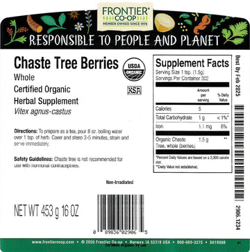 Frontier Co-Op Chaste Tree Berries Whole, Certified Organic, Kosher | 1 Lb. Bulk Bag | Vitex Agnus-Castus L.