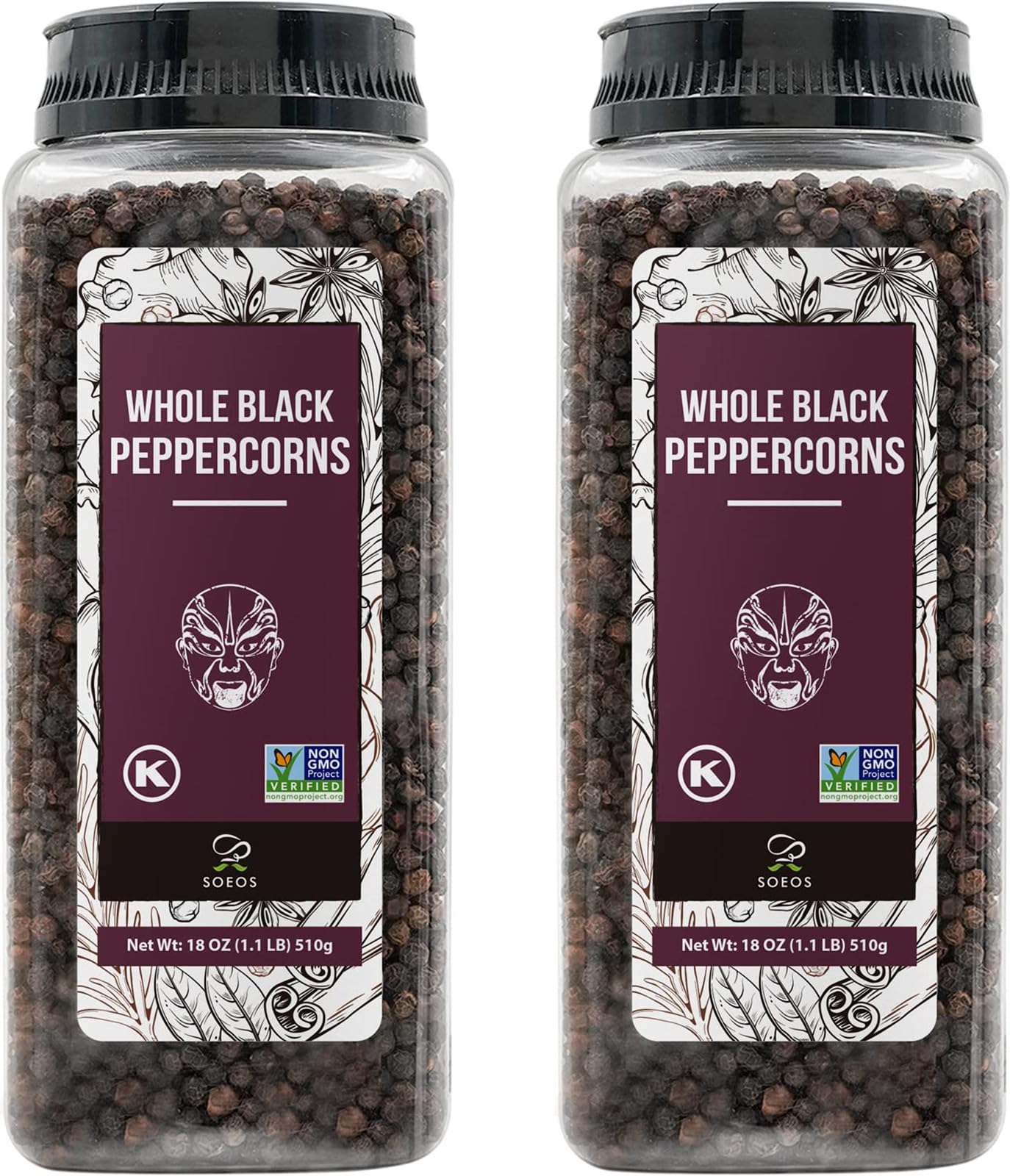 Soeos Black Peppercorns, 36oz (Pack of 2), Non-GMO, Kosher, Packed to Keep Peppers Fresh, Peppercorn for Grinder Refill, Whole P
