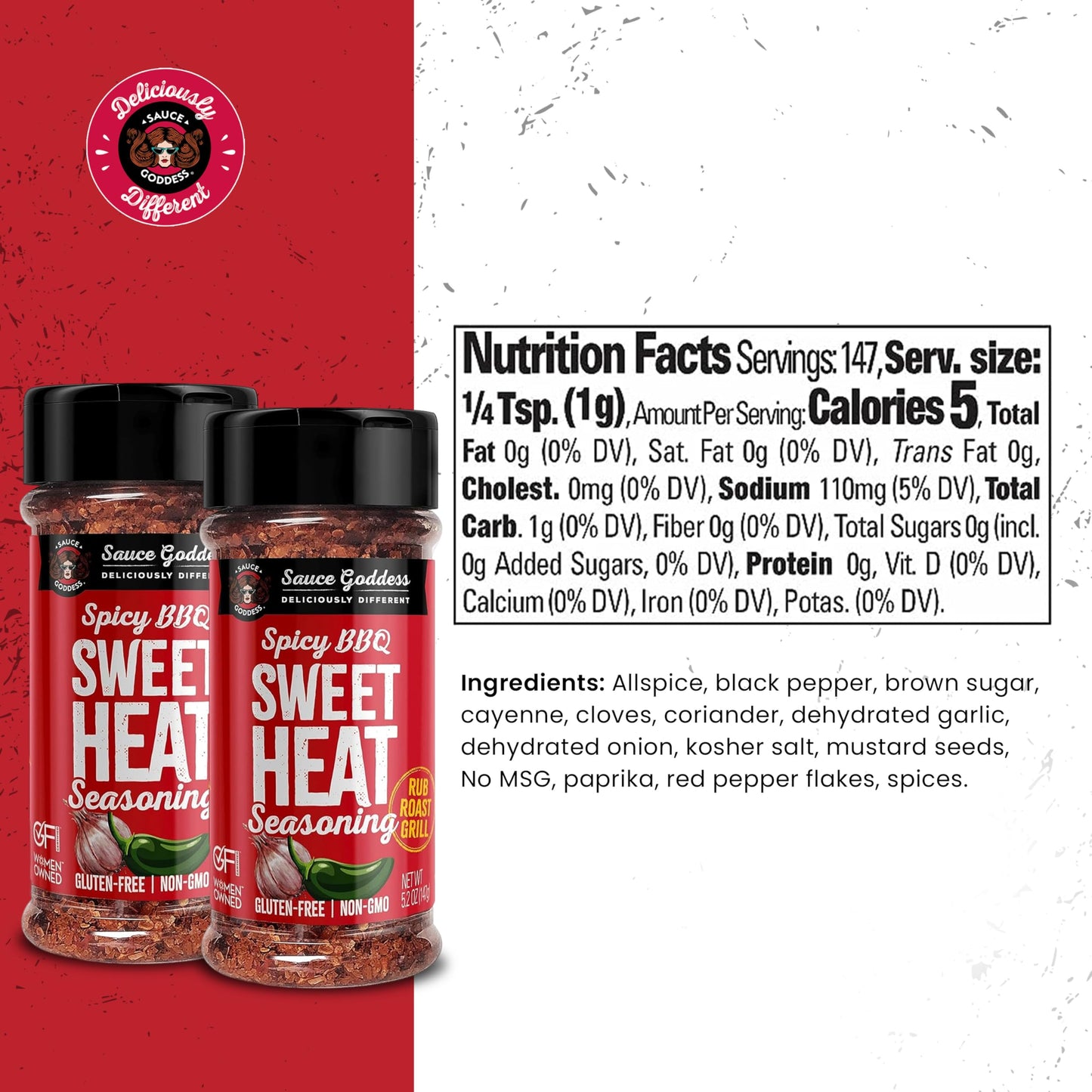 Sauce Goddess BBQ Sweet Heat Spice Shaker (2-Pack) - BBQ Rub with Brown Sugar and Has a Nice Garlic Flavor. Combination of Spicy