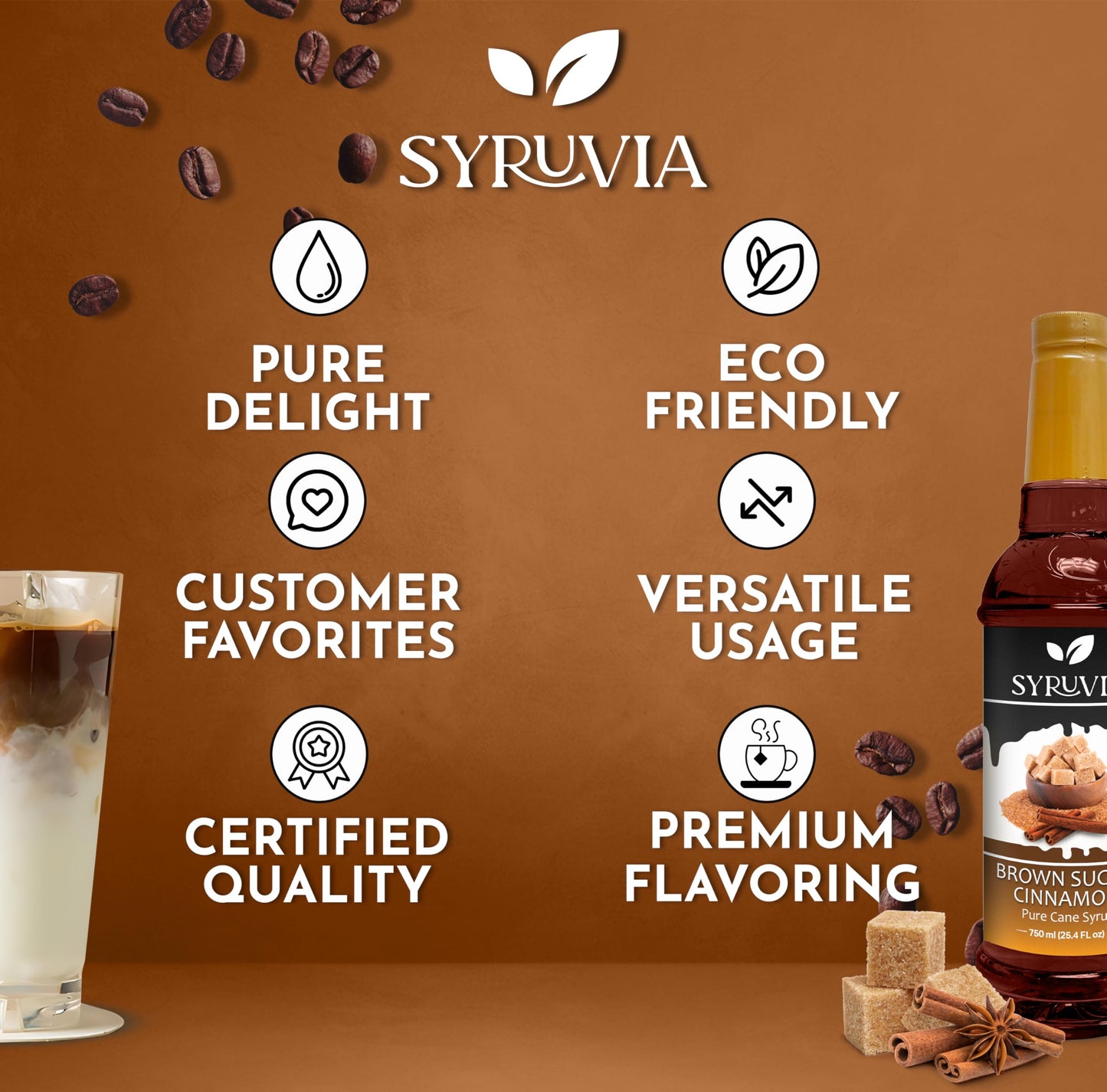 Syruvia Brown Sugar Cinnamon Syrup - Brown Sugar Cinnamon Coffee Syrup Flavor, 25.4 Fl Oz, Kosher, Gluten Free, Perfect For Coff