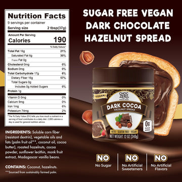 Vegan Cocoa Hazelnut Spread By Choczero - Keto Friendly, Sugar Free Dessert And Keto Bread Topping - Low Carb Chocolate (1 Jar,