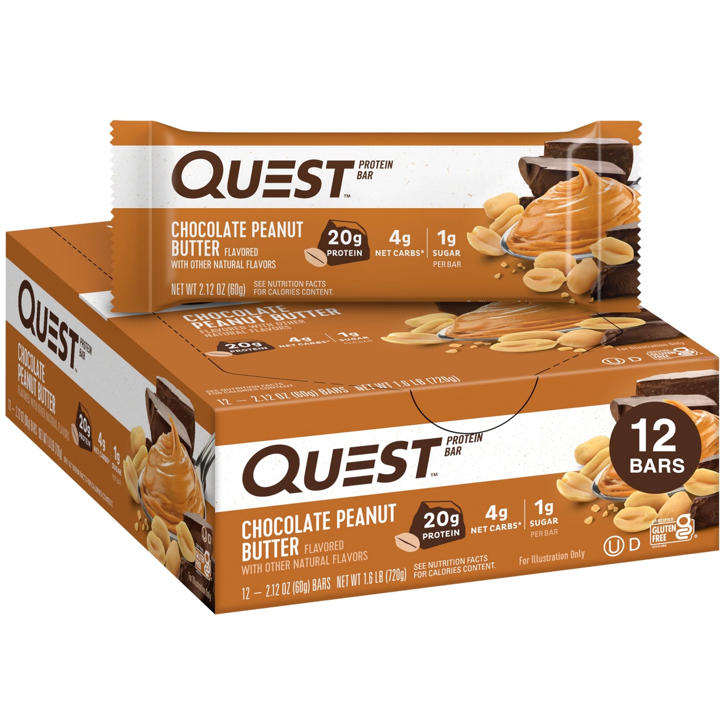 Quest Nutrition Chocolate Peanut Butter Bars, 20g Protein, 1g Sugar, 4g Net Carb, Gluten Free, Keto Friendly, 12 Count