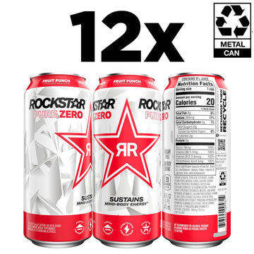Rockstar Pure Zero Energy Drink, Fruit Punch, 0 Sugar, Caffeine & Taurine, 16oz Cans, 12 Pack