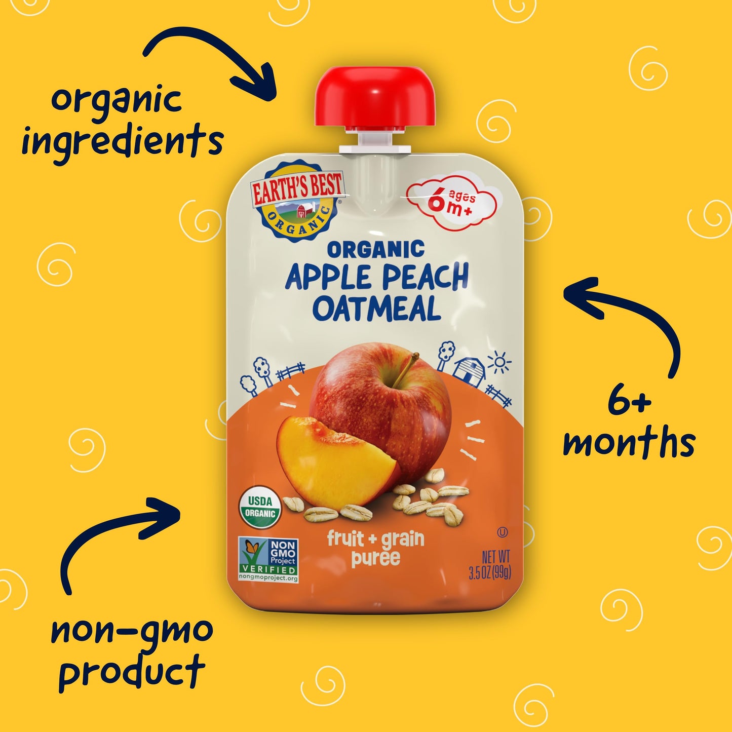 Earths Best Organic Baby Food Pouches, Fruit and Grain Puree for Babies 6 Months and Older, Organic Apple Peach and Oatmeal Pur