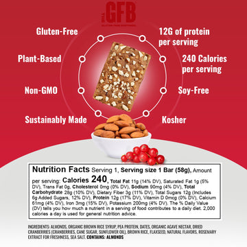 The Gluten Free Brothers - Cranberry Toasted Almond Snack Bars - Gluten Free Protein Bars - Non Gmo, Soy Free, Dairy Free, Vegan
