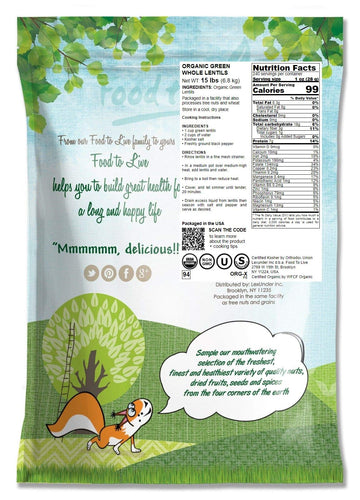 Food To Live Organic Whole Green Lentils, 15 Pounds - Non-Gmo, Dried Raw Beans, Sproutable, Vegan, Kosher, High In Folate, Dieta