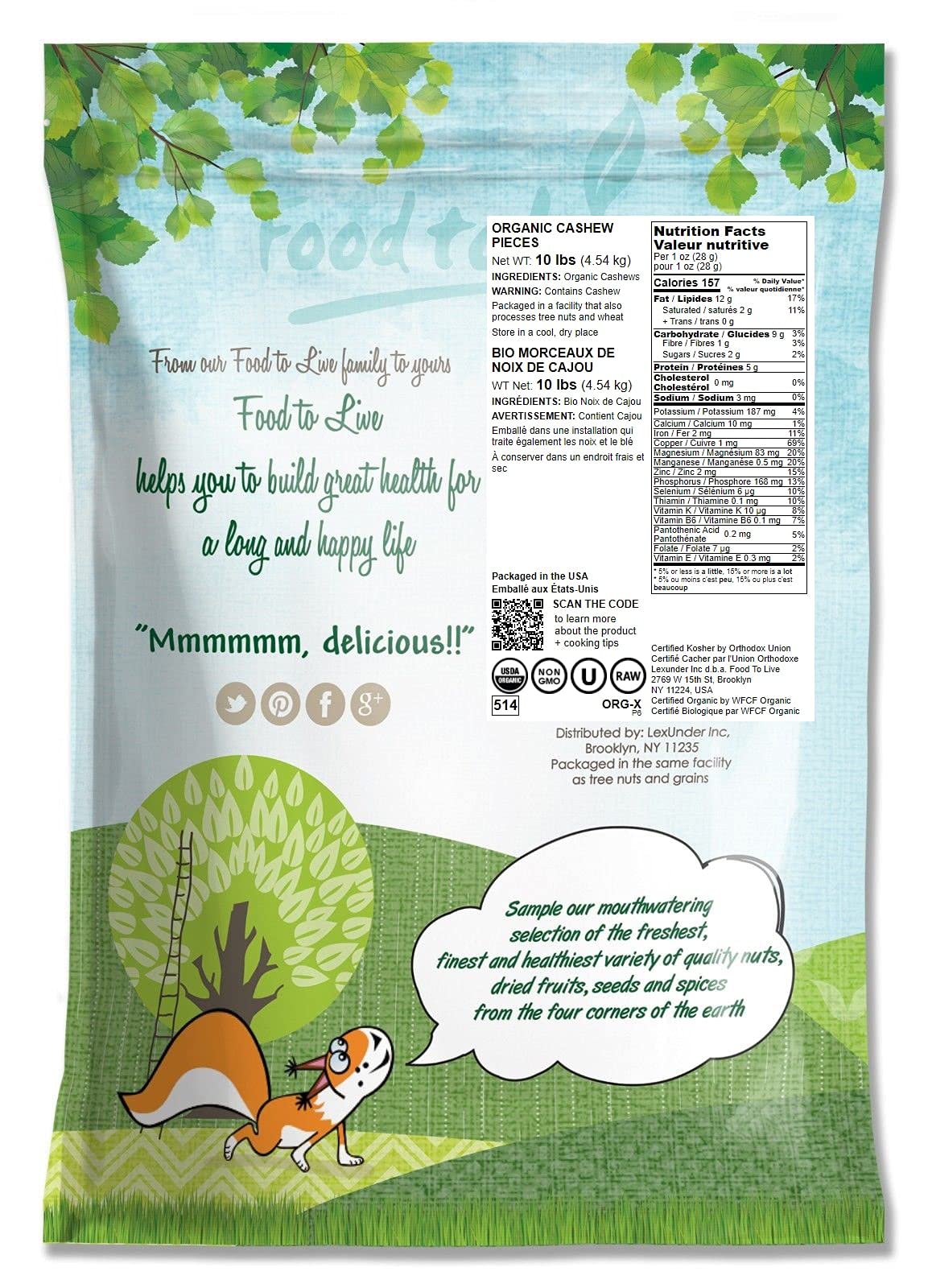 Food to Live Organic Cashew Pieces, 10 Pounds Non-GMO, Kosher, Vegan, Unsalted, Unroasted, Bulk