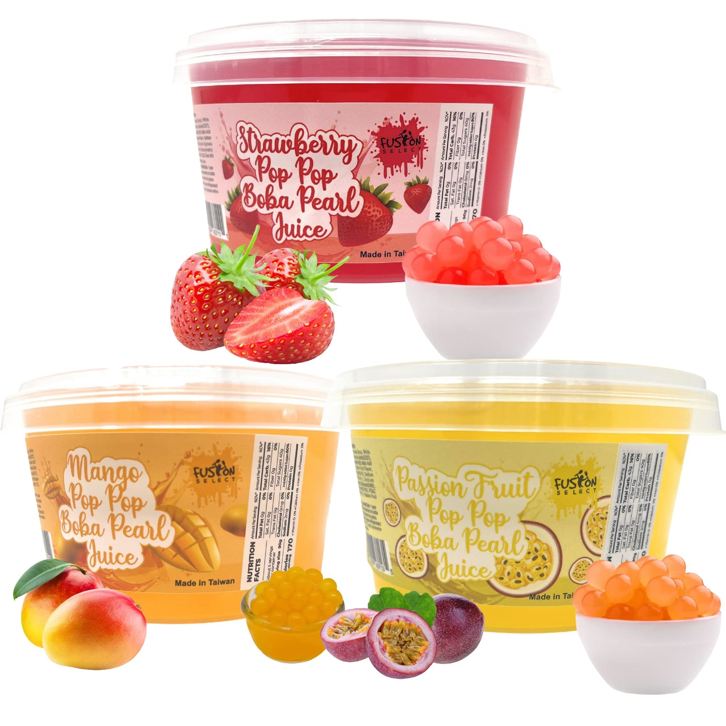 Fusion Select Strawberry, Mango, Passion Fruit Bursting Boba Popping Boba Pearls Fruit Tea Snack Toppings