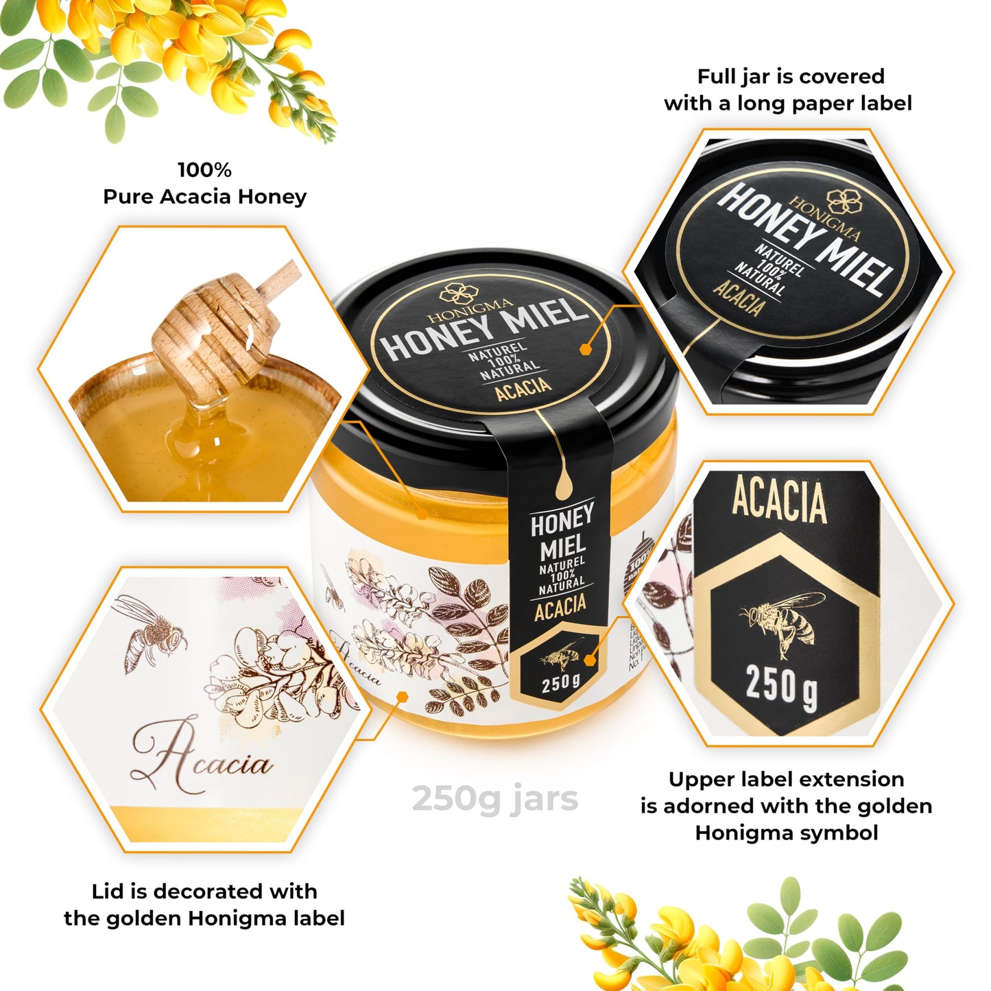 Honigma Acacia Raw Honey | Exquisite Taste | 100% Pure | Unpasteurized | Unfiltered | Partially Crystallized | 250G/8.8Oz | Pack