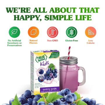 TRUE LEMON KIDS Groovy Grape (10 Packets) for Hydration - No Preservatives, No Artificial Flavors, No Artificial Sweeteners - Lo