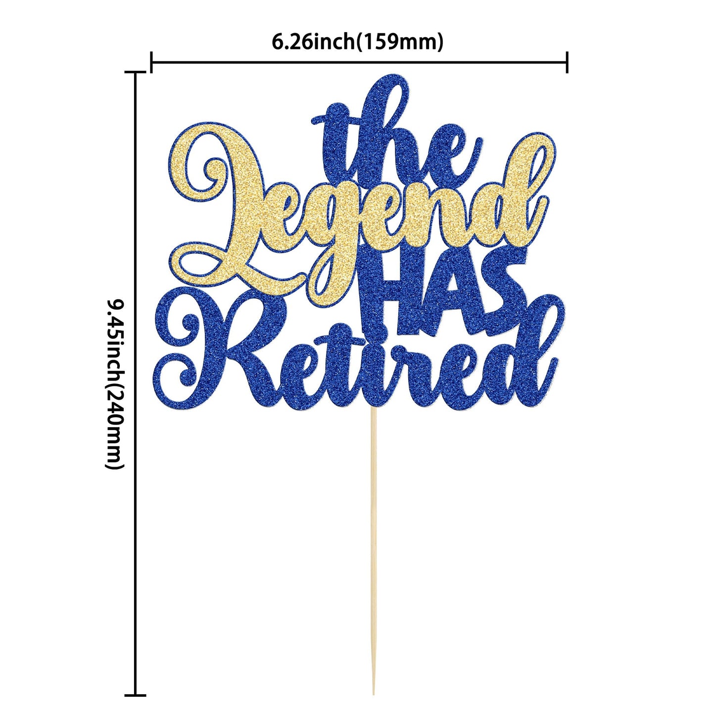 Gyufise Glitter Cake Topper - The Legend Has Retired Farewell Decoration in Blue & Gold for Retirement Party Supplies