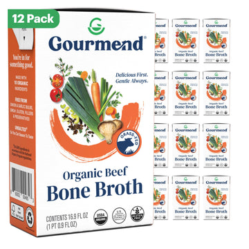 Organic Unsalted 16.9oz Beef Bone Broth from Gourmend Foods (12 Pack) - Just 10 Ingredients, Low FODMAP Certified, Filler Free,