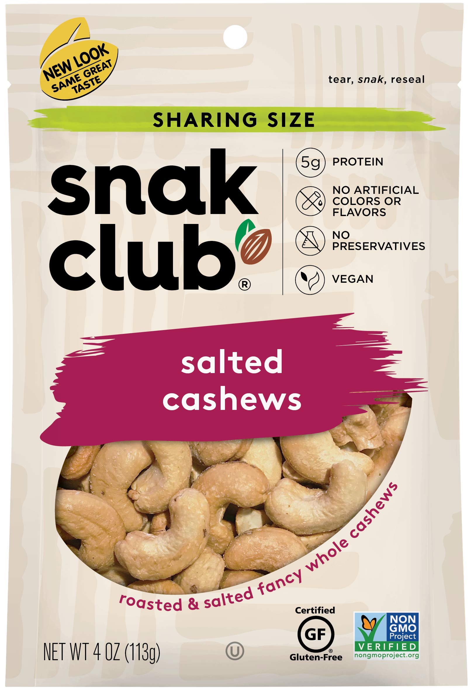 Snak Club Roasted & Salted Cashews, 4 Ounce (Pack of 6)