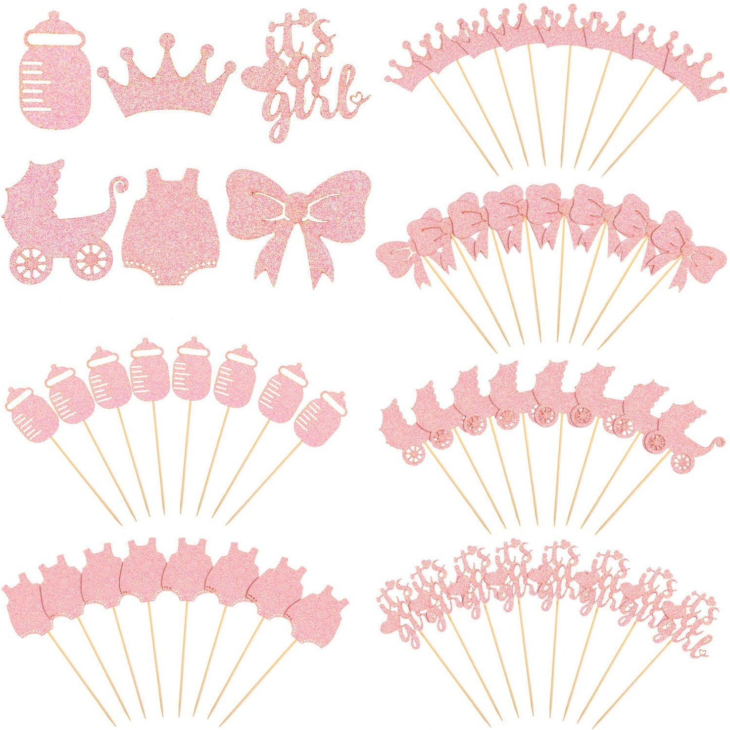 48 Pieces Baby Shower Cupcake Toppers For Girls Glitter Pink Baby Girl Food Picks Baby Shower Toothpicks For Girls Birthday Cake