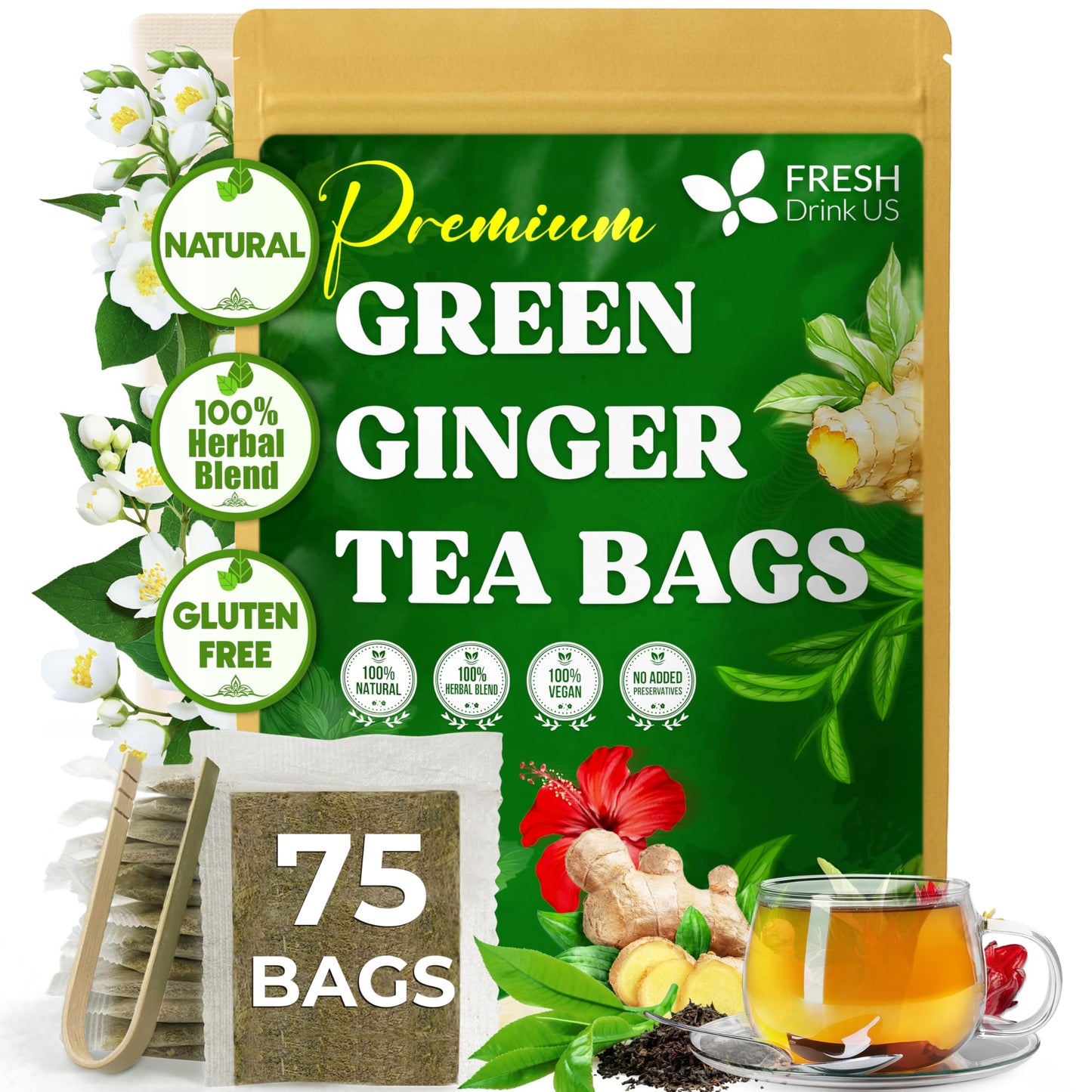 Freshdrinkus Top-Grade Green Flavor Blendger Tea | 135 Tea Bags | Sencha Green Tea With Flavor Blendger Lemongrass Turmeric Hibiscus & Peppermint | Natural Herbal Blend | Comfort & Refreshing Vegan