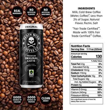 Death Wish Coffee, Iced Coffee Cold Brew, 8G Protein, Fair Trade (Original Latte)