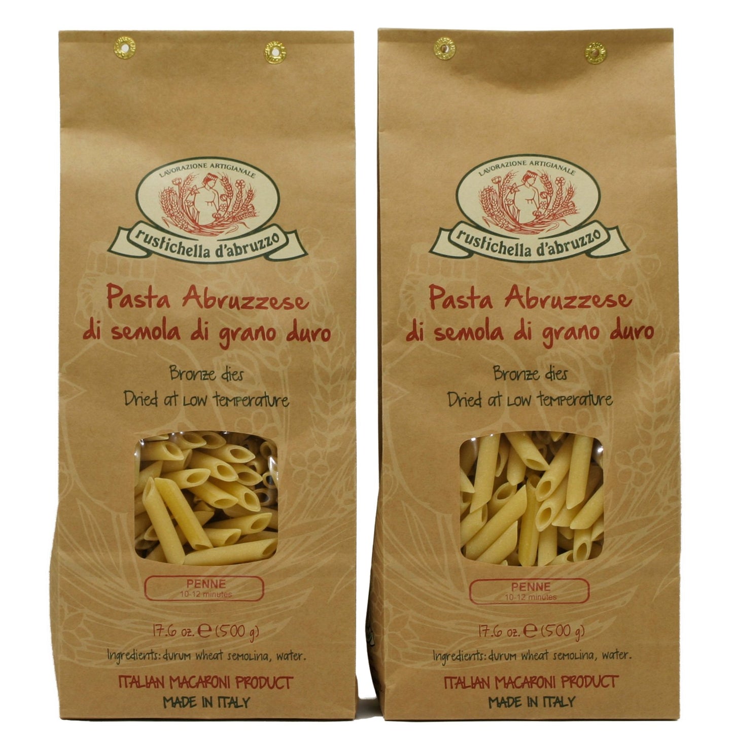 Rustichella D'Abruzzo Penne Pasta (Pack Of 2), 500G Each - Classic Durum Wheat Short Quill-Shaped Pasta - Perfect For Sauces And Baked Dishes - Cooks In 10-12 Minutes - Authentic Italian Pasta