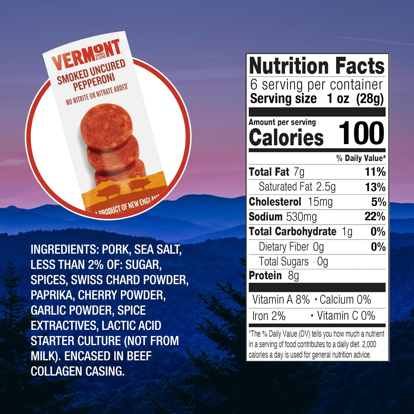 Vermont Smoke & Cure - Uncured Smoked Pepperoni - No S Or Added S, Perfect For Pizza Or Charcuterie Board - 6Oz