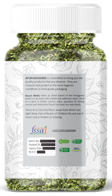 AYURVEDASHREE Dried Fenugreek Leaves (Kasoori Methi) 25gm PET Jar - All Natural, Vegan, NON-GMO, Indian Origin